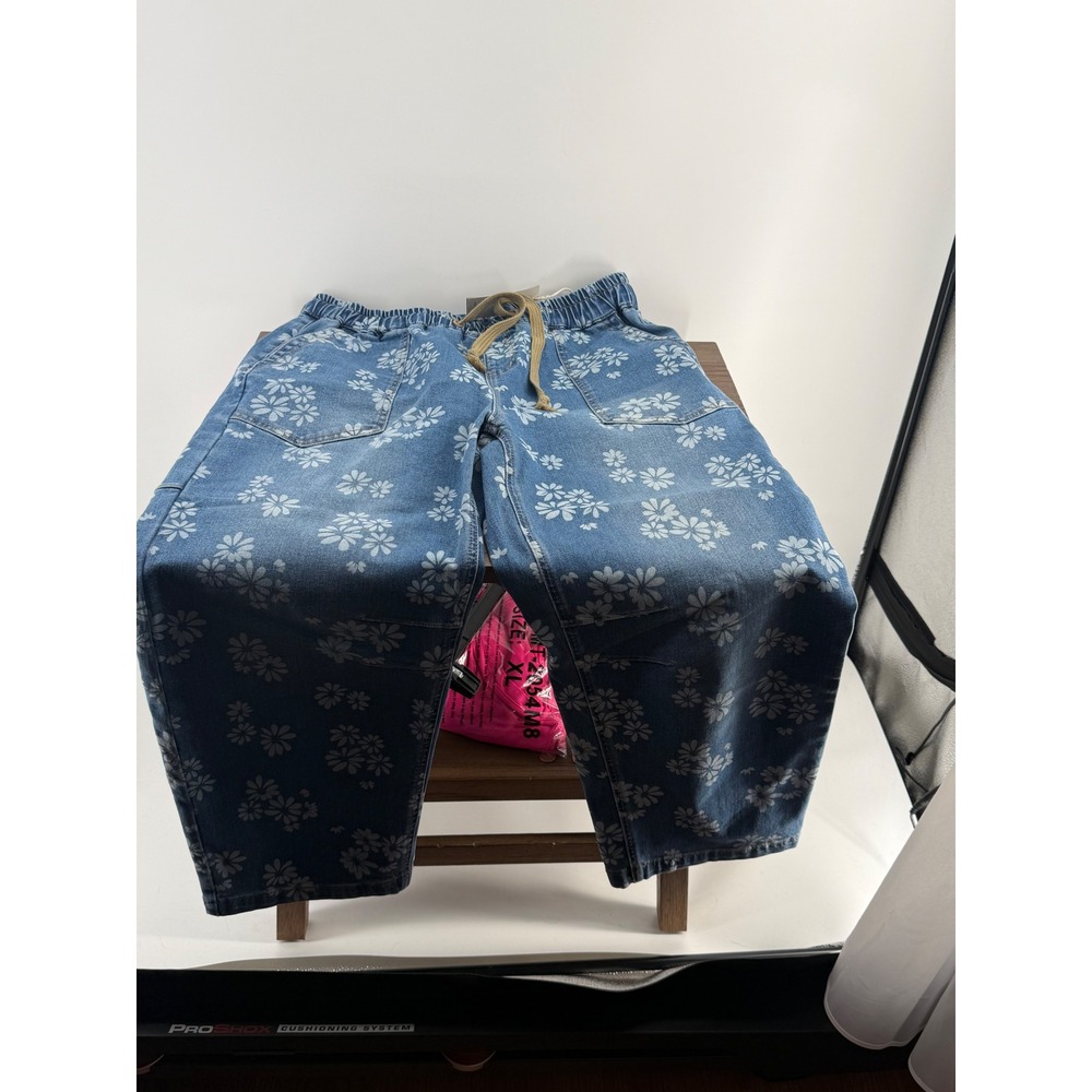 Flamingals Floral Print Denim Joggers Blue Daisy Wide Leg Pants 2XL NWT